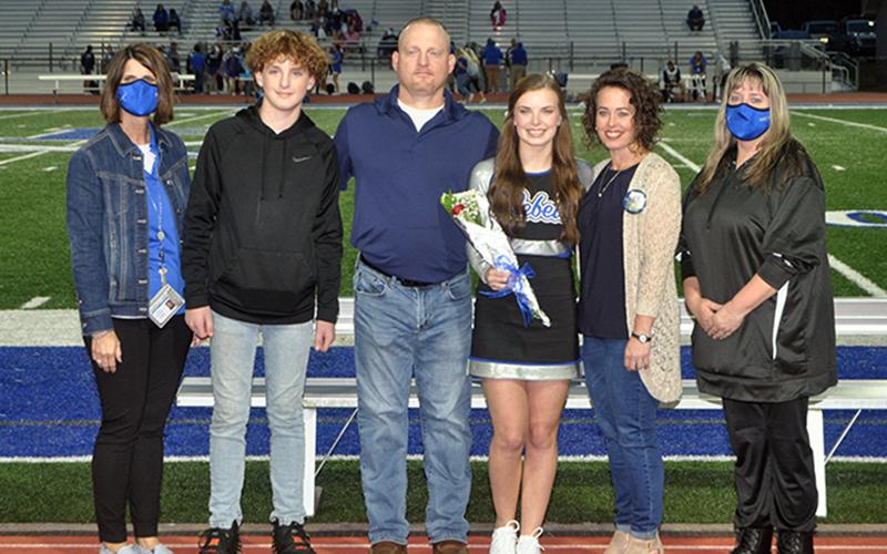Fannin County High School held it’s senior night ceremony for the cheerleaders Friday, October 9. Shown are, from left, Conner Waters, Justin Bramlett, Senior Karly Waters and Renee Bramlett.