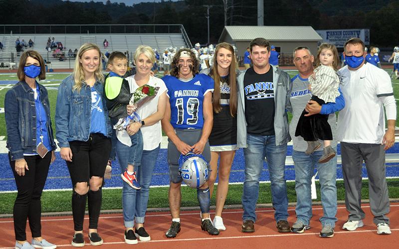 Fannin County High School held its senior night for the 2020 football, cheerleading, band, sports medicine and cross country seniors Friday, October 9. Shown are, from left, sister, Kendall Postell, brother, Michael Postell, mother, Stacy Postell, senior, Caleb Postell, senior cheerleader Anna Postell, brother, Matthew Postell, father, John Postell, father and sister, Kaylin Postell.