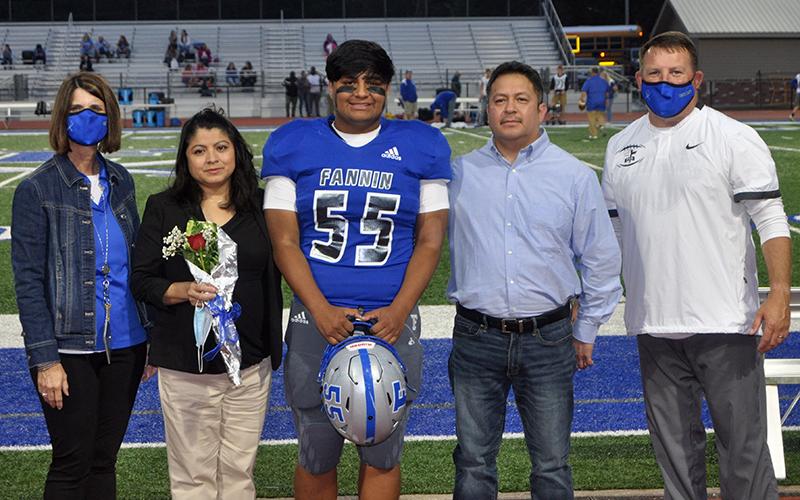 Christian Resendiz was one of 15 football seniors to be honored before Fannin’s game against Gordon Central Friday, October 9. Resendiz is shown with his parents Angelina and Alejandro Resendiz.