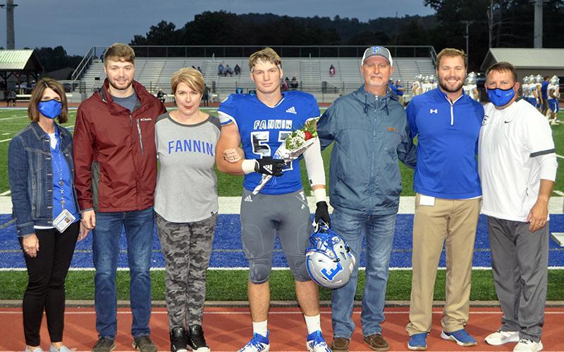 Micah O’Neal was one of 15 football seniors honored before Fannin’s game with Gordon Central Friday, October 9. Shown are, from left, brother, Isaac O’Neal, mother, Becky O’Neal, O’Neal, father, Eddie O’Neal and brother, Noah O’Neal.