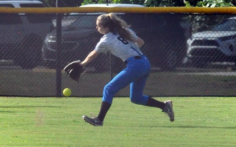 Lady Rebel Jaylen Green fields a ball in recent action for the Lady Rebels softball team.