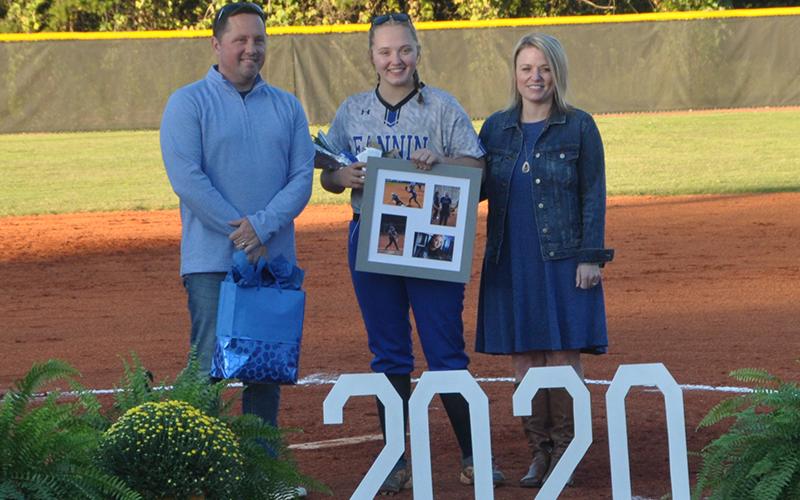 The Fannin County Lady Rebels softball team honored three seniors during the team’s  senior night Wednesday, September 30. Emma Mitchell was the first to be honored and is shown with her parents Chan and Amber Mitchell.