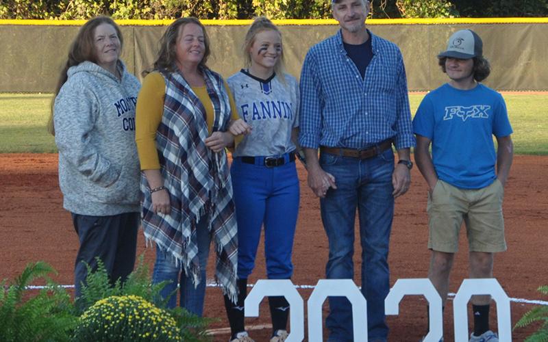 Jadeyn Holloway and her fellow Fannin County Lady Rebel  softball seniors were honored after their game Wednesday, September 30. Shown are, from left, grandmother, Annette Wilson; mother, Carrie Crawford; senior, Holloway; father, Andy Crawford; and brother, Bobo Crawford.