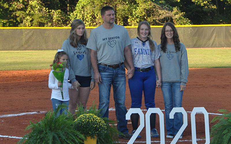 Jaylin Ray and her fellow Fannin County Lady Rebel softball seniors were honored after their game Wednesday, September 30. Shown are, from left, sister, Cammy Ray; sister, Adaelyn Ray; father, Chad Ray; senior, Ray; and mother, Jennifer Ray.