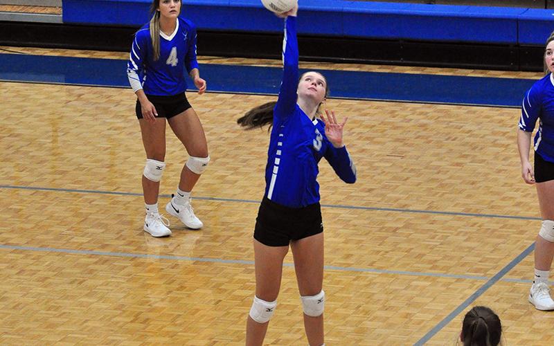 Lady Rebel Rachel Bruce keeps a volley alive in recent action for the Fannin County Lady Rebel volleyball team.