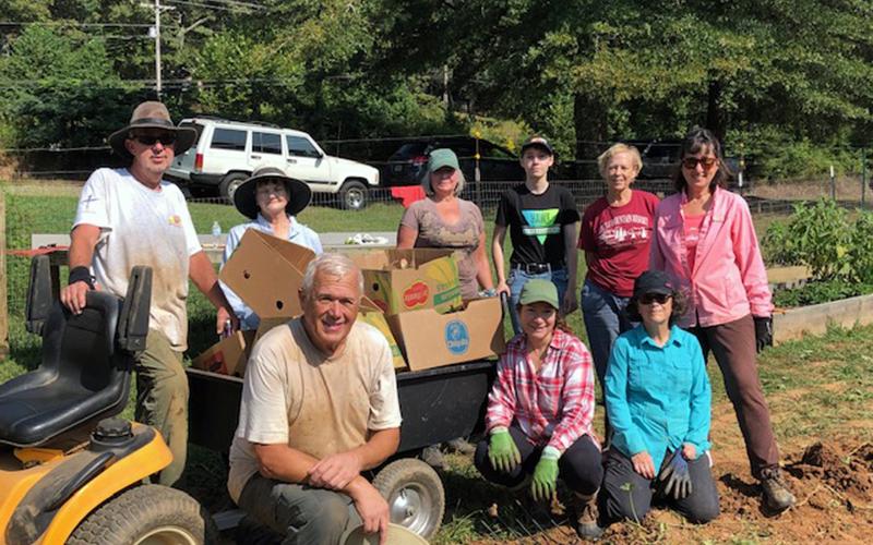 Feed Fannin volunteers harvested sweet potatoes Monday, September 28, at their farm on Ada Street in Blue Ridge. Shown are, from left, front, Dave Ricker, Lory Conte, Kathy Corey; back, Curt Hinnant, Priscilla Cashman, Sheryl Osborne and Toby, Catherine Sugg and Zora Herr.