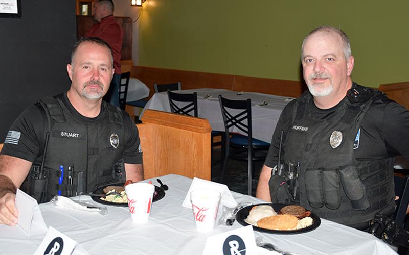 Blue Ridge Police Department Captain Robbie Stuart, left, and Lt. Gary Huffman were among the many area first responders to be served breakfast by The Ridge Community Church. The church’s men’s ministry has annually served a First Responders Breakfast for the past four years.