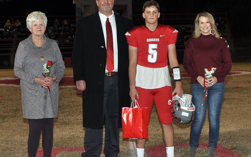 Copper Basin honored its football seniors Friday, November 6, before their last home game against Clay County. Shown are, from left, Kay Jabaley, grandmother; Tim Jabaley, father; Timothy Jabaley, senior; and Eden Coe Jabaley, mother.