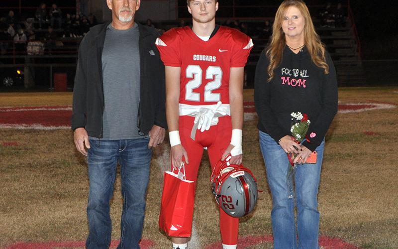 Copper Basin honored its football seniors Friday, November 6, before their last home game against Clay County. Senior Eli Patterson is shown with his parents Edwin and Kimberly Patterson.
