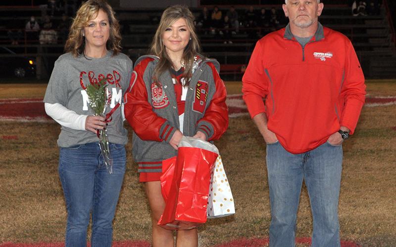 Kaitlyn Goode was honored during Copper Basin’s senior night Friday, November 6. Goode is shown with her parents, Amy and David Goode.
