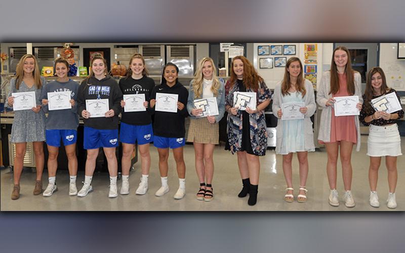 The Fannin County Lady Rebel varsity volleyball team was recognized at their end of season banquet Tuesday, November 10. Shown are, from left, Reagan York, Becca Ledford, Paige Foresman, Abby Ledford, Prisila Bautista, Brooklyn Cole, Kaylie Kendall, Alyssa Anderson, Rachel Bruce and Rachel Prater.