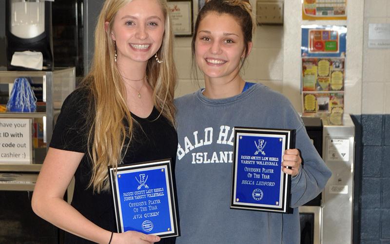 Junior Varsity Lady Rebel Ava Queen, left, and Varsity Lady Rebel Becca Ledford won the Offensive Player of The Year Award at Fannin County’s end of season volleyball banquet Tuesday, November 10.