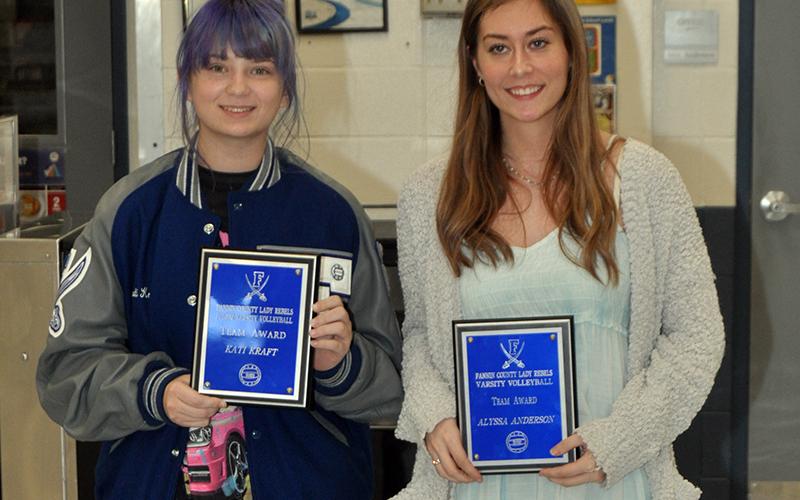 Junior Varsity Lady Rebel Kati Craft, left, and varsity Lady Rebel Alyssa Anderson won the Lady Rebel Team Award at the Lady Rebels volleyball banquet Tuesday, November 10.