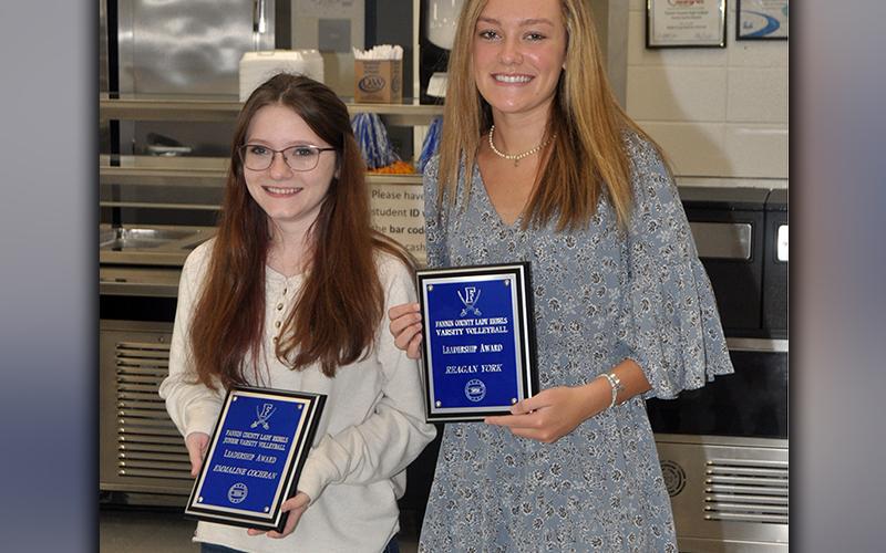Junior Varsity Lady Rebel Emmaline Cochran, left, and varisty Lady Rebel Reagan York won the Lady Rebel Leadership Award at the Lady Rebels volleyball banquet Tuesday, November 10.
