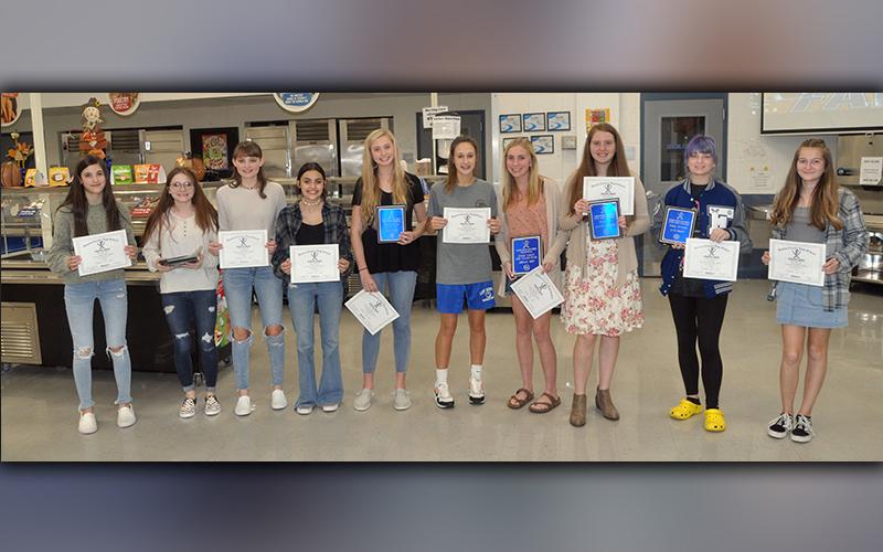 The Fannin County High School Lady Rebels held their end of season volleyball banquet at the FCHS cafeteria Tuesday, November 10. The junior varsity squad are shown from left, Dara Divita, Emmaline Cochran, Clara Payne, Morgan Laracy, Ava Queen, Riegan O’Neal, Abby Vest, Alayna Dockery, Kati Kraft and Katie Thurman.