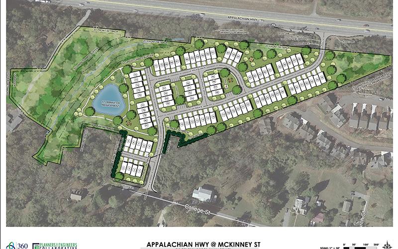 The site plan for the proposed luxury, townhome community along Appalachian Highway is shown.