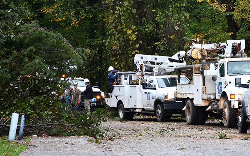 Crews were working all across the county to restore power and internet Thursday morning, October 29, following Tropical Storm Zeta. An ETC crew is shown working on Cook Street in Blue Ridge.
