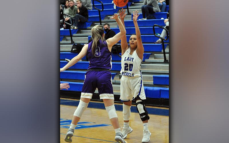 Lady Rebel Prisila Bautista shoots a three-point basket during the Lady Rebels 58-47 win over Union County Saturday, December 12.