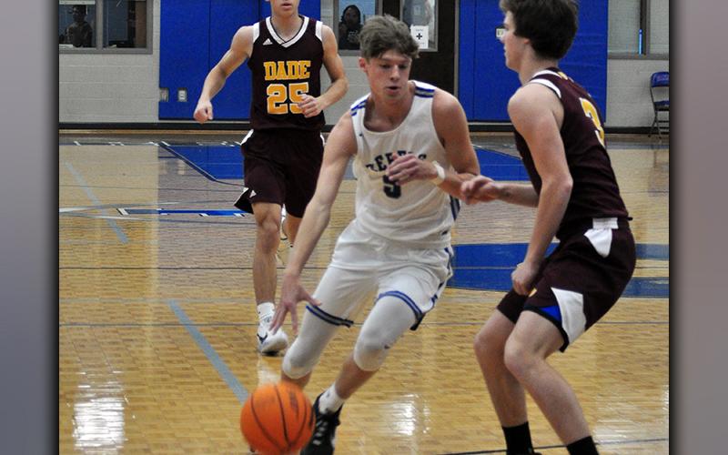 Kaeden Twiggs forces his way past a Dade County defender Saturday, January 23. Twiggs finished the game with 27 points.