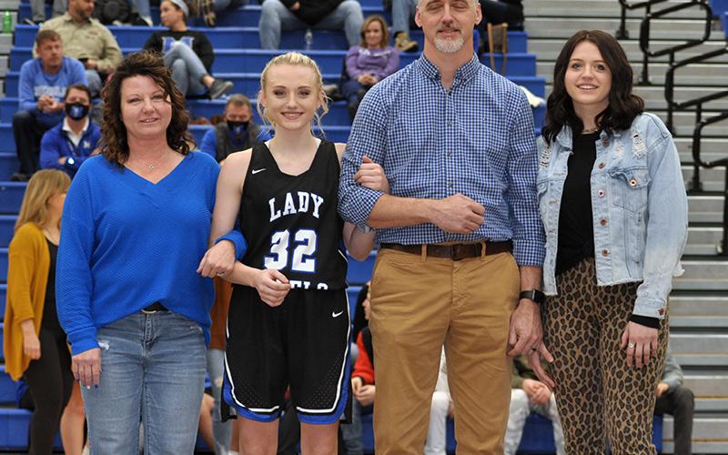 Fannin County High School senior Mackenzie Johnson was one of 15 seniors honored at FCHS senior night ceremony Friday, January 15. Shown during the ceremony are, from left, mother, Allison Johnson; senior, Johnson; father, Brian Johnson; and sister, Madison Johnson.