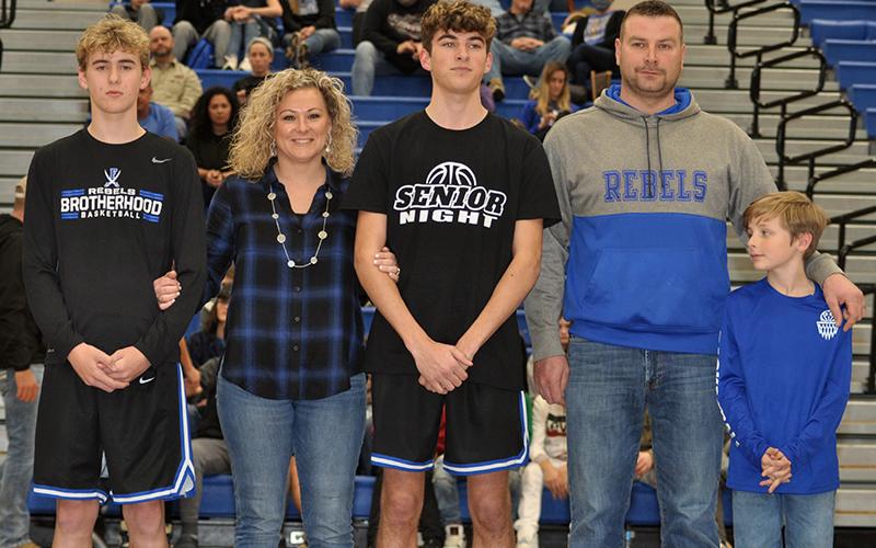 Fannin County High School senior Tucker Hanson was one of 15 seniors honored at the senior night ceremony Friday, January 15. Shown during the ceremony are, from left, brother, Lucas Hanson; mother, Kandi Hanson; senior, Hanson; father, Kevin Hanson; and brother, Ryder Hanson.