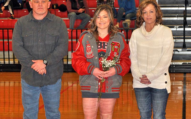 Kaitlyn Goode was one of 11 basketball and cheerleading seniors honored at Copper Basin’s senior night ceremony Saturday, February 6. Goode is shown with her parents, David and Amy Goode.