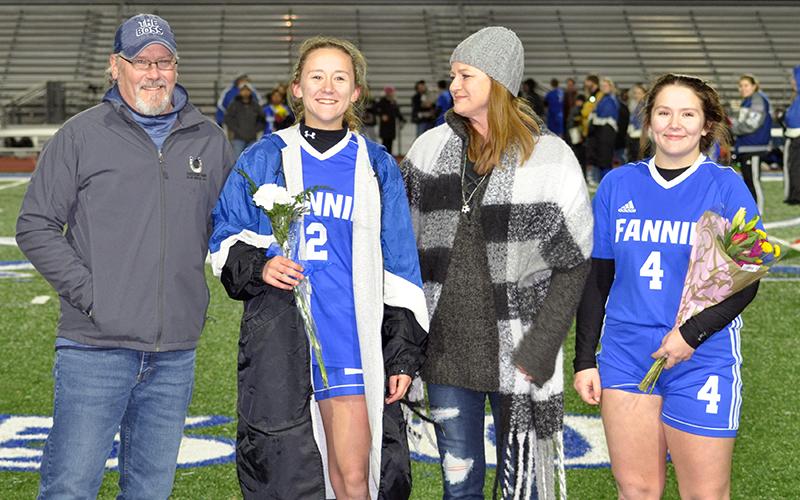 Fannin County High School senior Ashley Frye was honored during the senior night ceremony at Fannin’s home soccer game against Gordon Central Friday, February 19. Shown during the ceremony are, from left, Doug Frye, mother; Ashley Frye, senior; Sandy Parks, mother; and Chelsey Frye, sister.