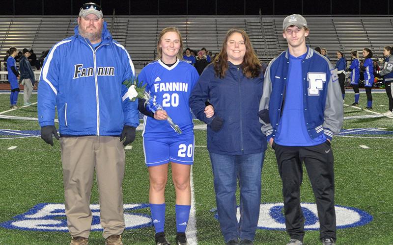 Lyndsay Turner was honored during Fannin County High School’s soccer senior night at thier home game against Gordon Central Friday, February 19. Shown during the ceremony are, from left, Adam Turner, father; Lyndsay Turner, senior; Lynn Turner, mother; and McCay Turner, brother.