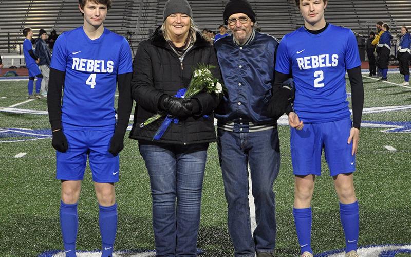 Samuel and Michael Dillard were two of 14 seniors honored during Fannin’s home soccer game against Gordon Central Friday, February 19. Shown during the ceremony are, from left, Samuel Dillard, senior; Janet Dillard, mother; Michael Dillard, father; and Michael Dillard, senior.