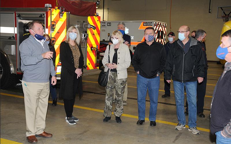 Fannin County volunteer firefighter/EMT Kevin Panter, left, talks about some of the equipment housed at Fire Station 1 with, from his left, McCaysville City Councilwomen Susan Kiker and Gilita Carter, Blue Ridge City Councilman Mike Panter, Fannin County Post Two Commissioner Glenn Patterson and Fannin County Commission Chairman Jamie Hensley.