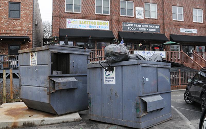 A 13x13 parcel at the beginning of Robert’s Way in Blue Ridge currently houses these dumpsters, one of which was over flowing with garbage Sunday afternoon, January 31. The parcel is being placed for lease by the City of Blue Ridge after council members agreed the situation needs to be cleaned up.