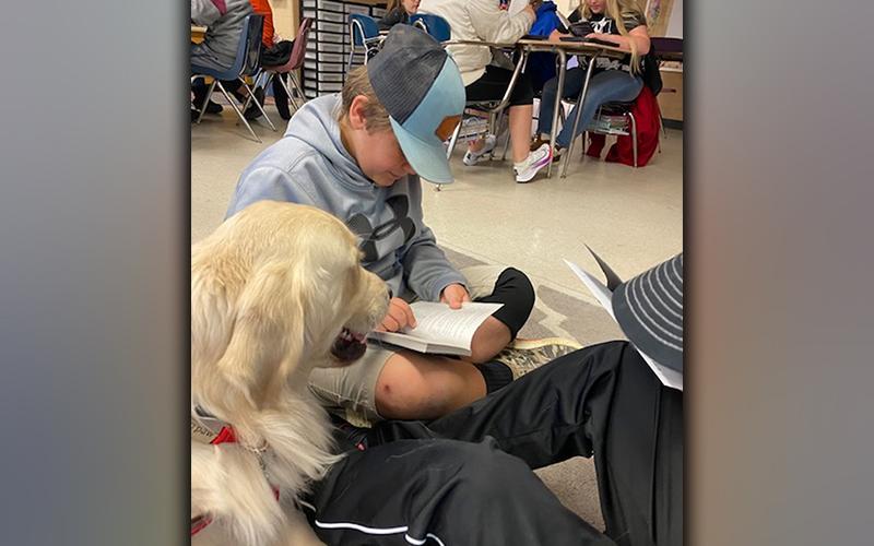 Charlie sits patiently while a young boy reads to him during a school visit.