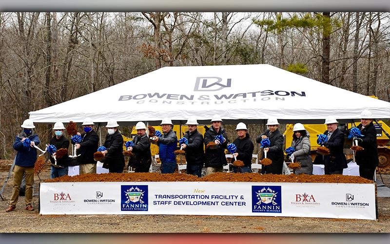 Members of the Fannin County Board of Education and Fannin County School System leadership broke ground on two new facilities, a Transportation Facility and Staff Development Center, Thursday, February 4. Shown are, from left, Bowen &amp; Watson Construction President Drew Watson, Mike Spurlin, Transportation Director Denver Foster, board members Lewis DeWeese and Mike Cole, board Vice-Chair Terry Bramlett, Assistant Superintendent of Facilities and Operations Darren Danner, board Chair Chad Galloway, board mem