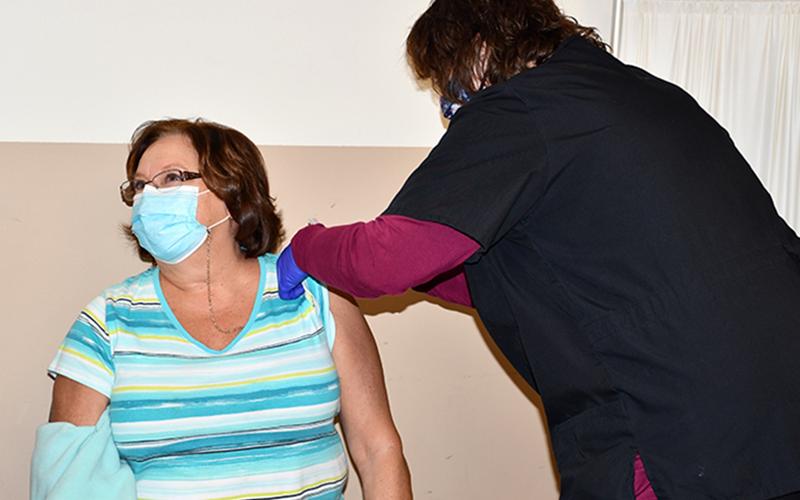 April Dobbs traveled to the Kiwanis Club of Blue Ridge Fairgrounds to receive a COVID-19 vaccination from the Fannin County Health Department Monday, February 8. The vaccine was administered by Debra Shade.