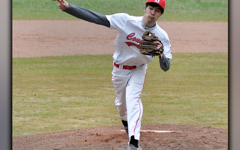 Dawson Worthy delivers a strike during the Cougars game against Towns County Monday, March 15.