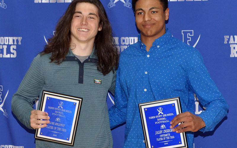 The Fannin County Rebels’ football team celebrated a historic season Tuesday, March 16, at their post-season banquet. Award winners shown are, Player of the Year Luke Holloway, left, and Offensive Player of the Year Jalen Ingram.