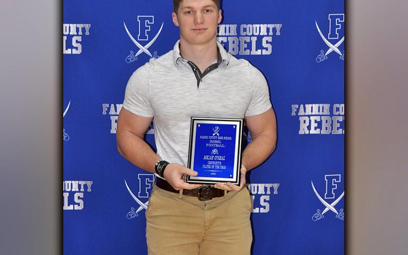Fannin County senior Micah O’Neal was awarded Defensive Player of the Year at the Rebels football banquet Tuesday, March 16. O’Neal was also named Region 7AA Defensive Player of the Year.