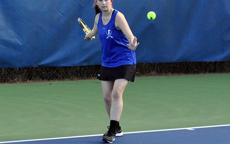 Lady Rebel Kati Kraft focuses on the next hit in recent action for Fannin County’s tennis match.