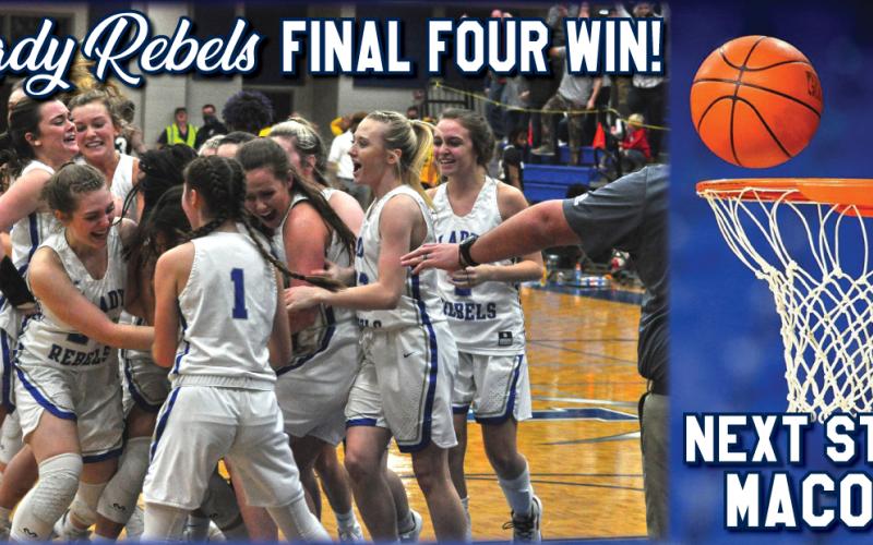 The Lady Rebels joined in celebration Saturday night following their 43-41 win over the Butler Lady Bulldogs. The victory advances Fannin County to the state championship game Thursday, March 11 in Macon.