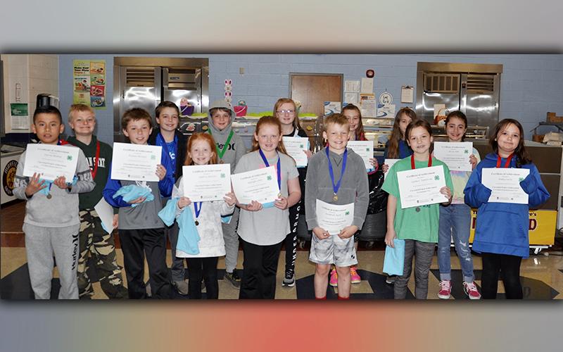 Blue Ridge Elementary School fourth and fifth grade students were recognized for winning 4-H Project Achievement Awards in a wide range of categories Tuesday, March 23. Fourth grade winners shown are, from left, front, David Molina, Tristan Bernier, Aubrey Barton, Ryleigh Clore, Kendrick Pack, Lynnex Patterson and Ruby Curtis; back, Cash Ades, Jackson Thigpen, Riley McDaniel, Kylie Breeden, Aubree Franklin, Chloe Gaddis and Olivia Hill.