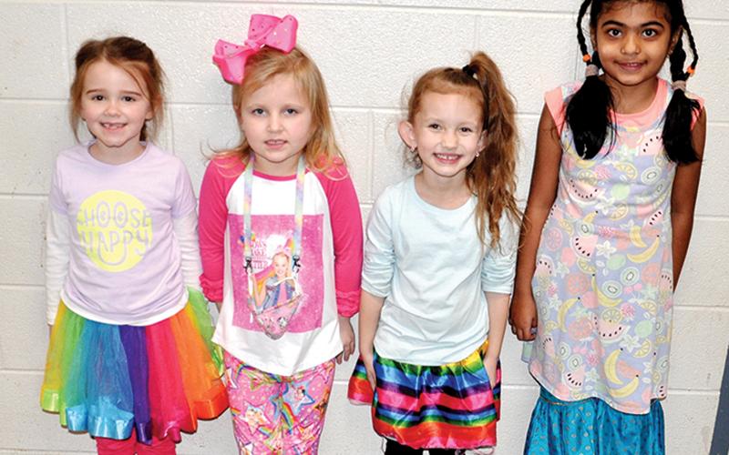 In celebrating Dr. Seuss week, Blue Ridge Elementary School students dressed in many different colors Wednesday, March 3. In their colors are, from left, Caroline Jacobson, Hayslee Lunsford, Raelynn Pittman and Trisha Patel.