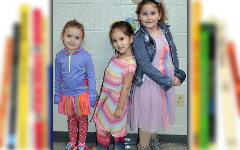 Blue Ridge Elementary School students dressed in many different colors Wednesday, March 3, while celebrating Dr. Seuss week. Sporting their colorful outfits are, from left, Lainey Rhyne, Emerson Franklin and Madelyn Davis.