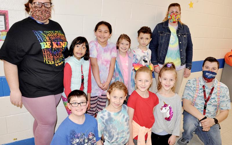 Blue Ridge Elementary School students and staff sported colorful outfits for Dr. Seuss week Wednesday, March 3. Shown are, from left, front, Nate Fair, Madeline Tanner, Addi Jo Davis, Alexandria Evans and paraprofessional Tyler Messer; and back, special education teacher Hannah Davis, Richya Landep, Camila Patino, Adaley Vineyard, Camden Shook and paraprofessional Jill Pierce.