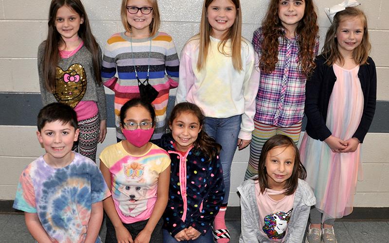 Sporting colorful colors for Blue Ridge Elementary Schools Dr. Seuss week Wednesday, March 3, are, from left, front, Darran Bishop, Sandy Molina, Aubrey Tapia and Khloi Morrisett; and back, Emma Stanley, Azalee Lunsford, Braxtyn Green, Jordie Hennessey and Kyndall Dover.