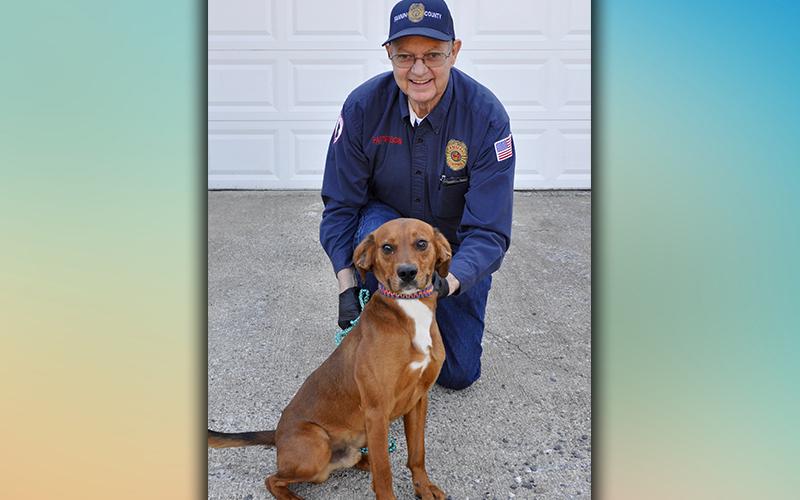 This male Red Bound Hound was picked up on Hardscrabble Road in Mineral Bluff Thursday, March 4. He has a short, red coat and is well behaved. View him using intake number 044-21. He is shown with Animal Control Officer Pat Patterson.