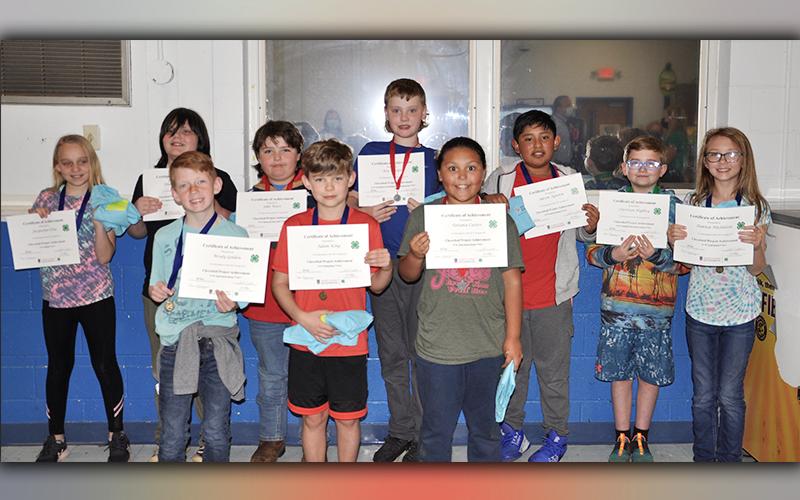 East Fannin Elementary School fourth grade students racked up the wins during the county’s first-ever 4-H Project Achievement Awards. Winners shown are, from left, front, Brody Golden, Adam King, Tatiana Abrams-Castro; back, Jacquelyn Cline, Payton Walker, Jake Ware, Aric Carder, Aaron Agustin, Christian Highley and Danica Nicholson.
