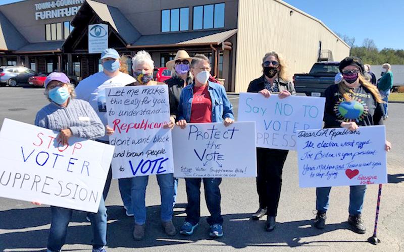 A group of concerned voters claiming to be from Fannin, Gilmer, Pickens and Rabun counties traveled to Georgia Speaker of the House David Ralston’s law office in Blue Ridge Thursday, March 4, to protest voter suppression, House Bill 531 and Senate Bill 241. Ralston was not at the office, but instead in legislative session at the state capitol in Atlanta.