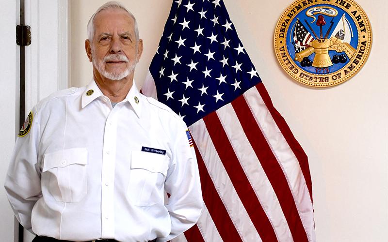 Army Veteran Nick Wimberley served his country as a mission launch panel operator near Chicago for three years during the Cold War. He is shown in Fannin County the present.