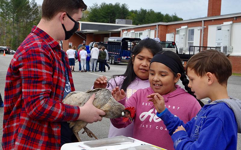 Fannin County High School FFA member Blake Nicholson educates East Fannin Elementary School third grade students Juliet Bautista, Lynette Agustin and Nolan Hagan, from left, on chickens during Ag Day.
