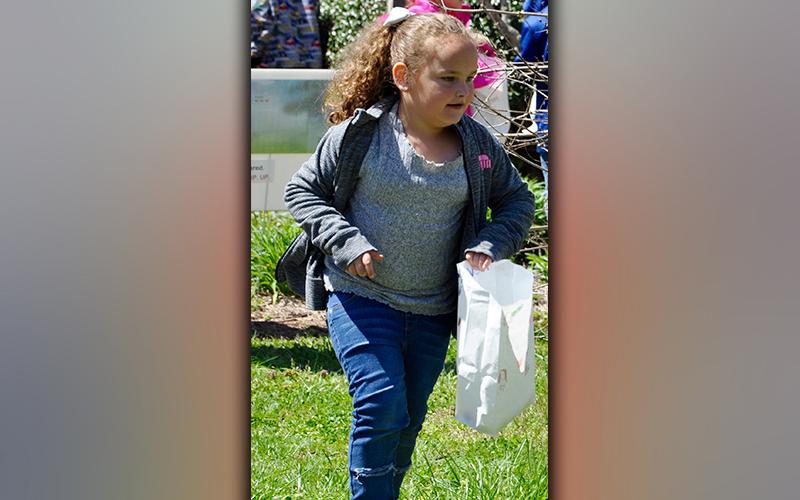 West Fannin Elementary School first grade student Nevaeh Grahl is laser focused during the Easter egg hunt curated by the Fannin County High School Key Club Thursday, April 1.